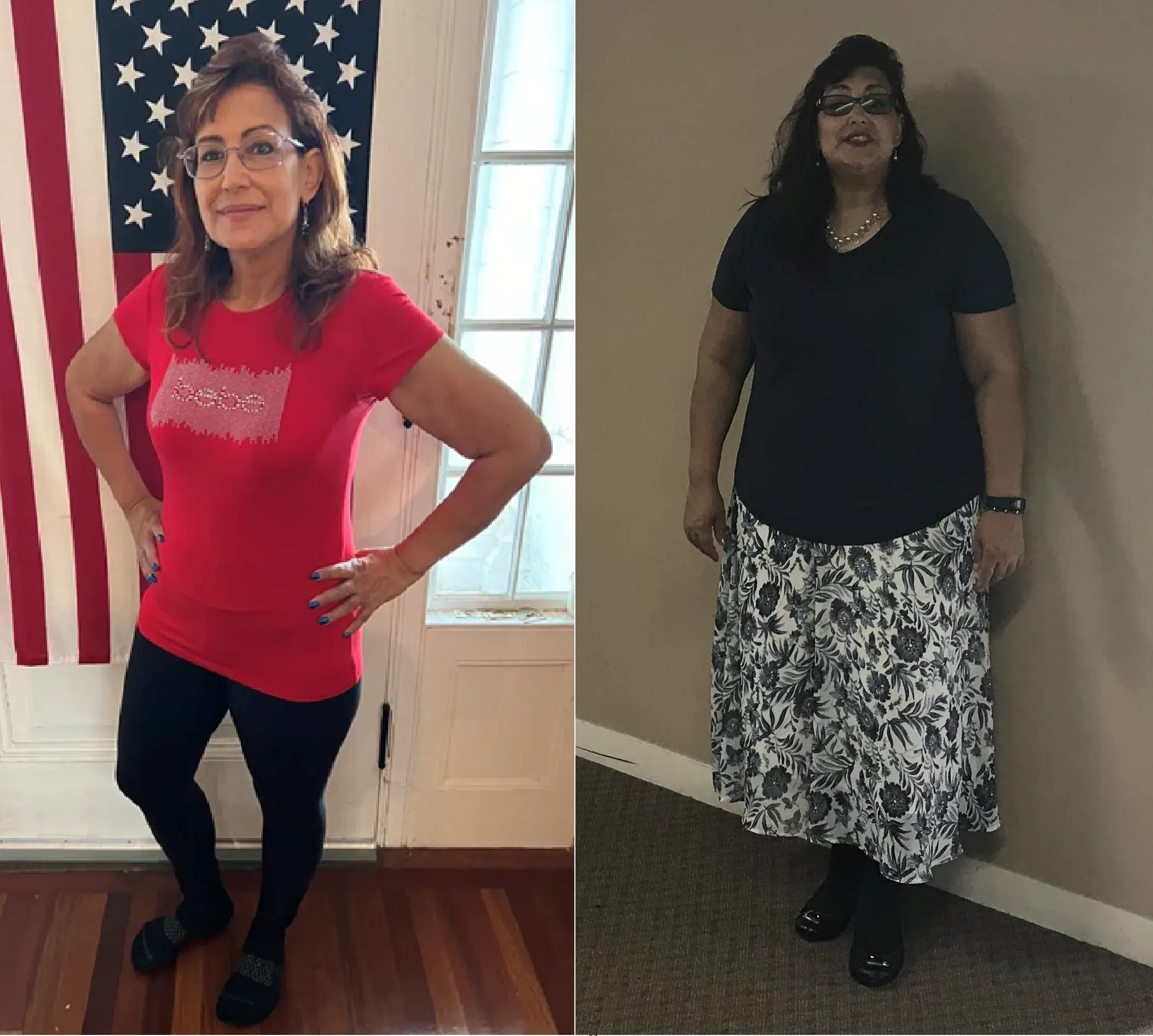 A woman standing in front of an american flag.