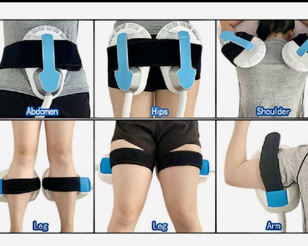 Six different pictures of a person with various types of leg braces.